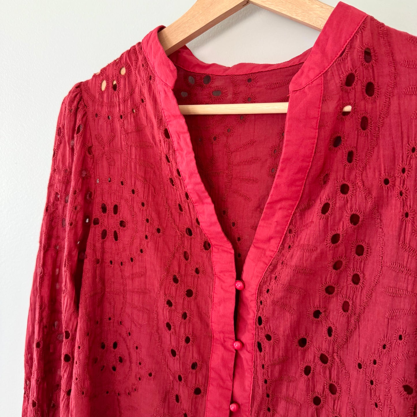 Red Eyelet Embroidery Blouse