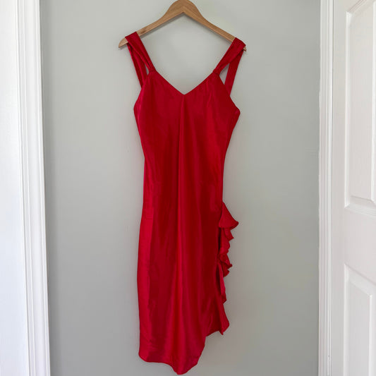 VS Red Satin Slip Dress with Side Ruffle (M)