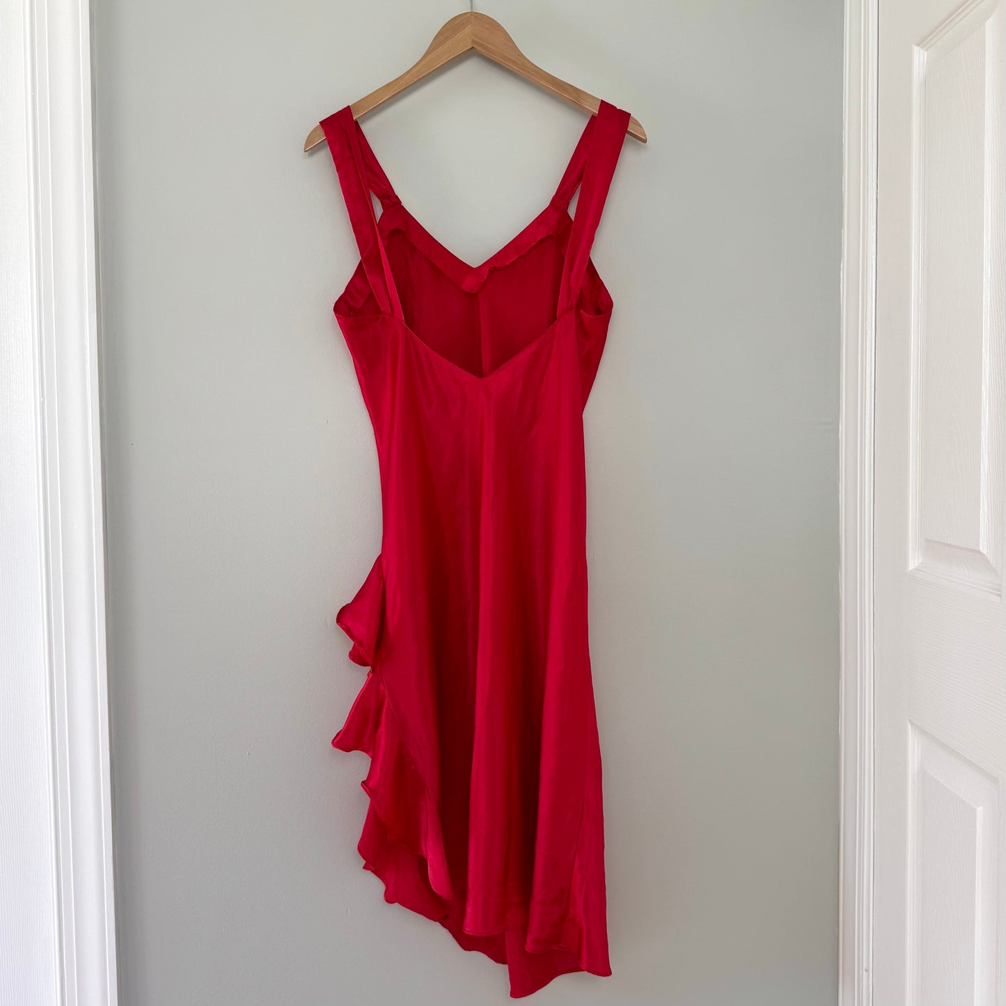 VS Red Satin Slip Dress with Side Ruffle (M)