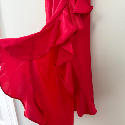 VS Red Satin Slip Dress with Side Ruffle (M)
