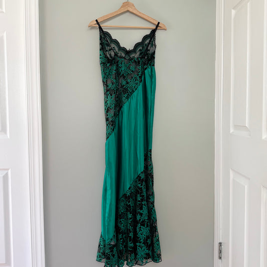 Colesce Collection Emerald Green Satin/Lace Floral Slip Dress (L)