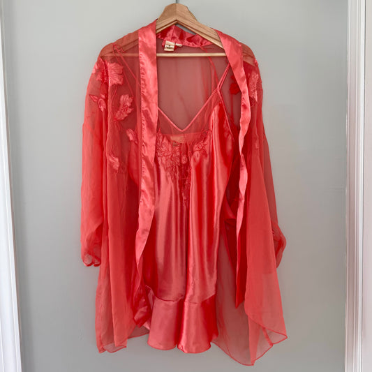 VS Coral Satin Slip Dress & Robe (L)