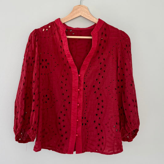 Red Eyelet Embroidery Blouse